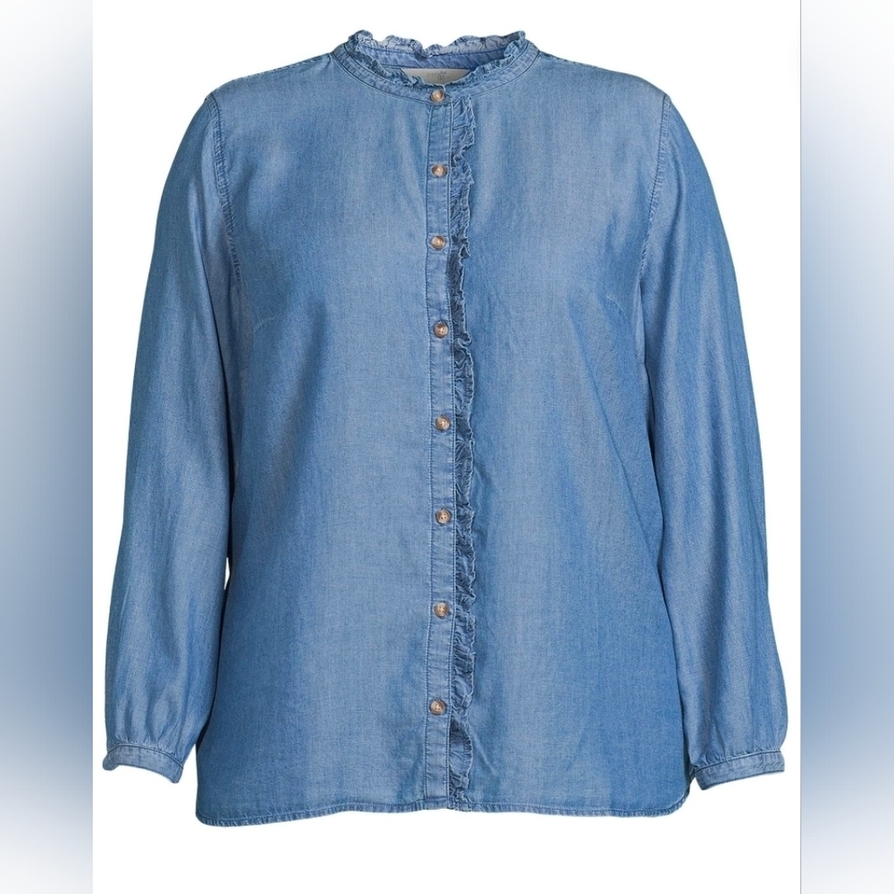 Terra & Sky NEW Ruffle Front Button Down Chambray Blouse Blue - Plus Size 3X